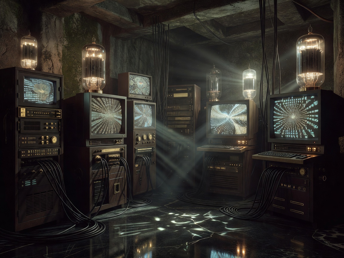 A dark illuminated vintage fantasy computer room representing simulation construction.
