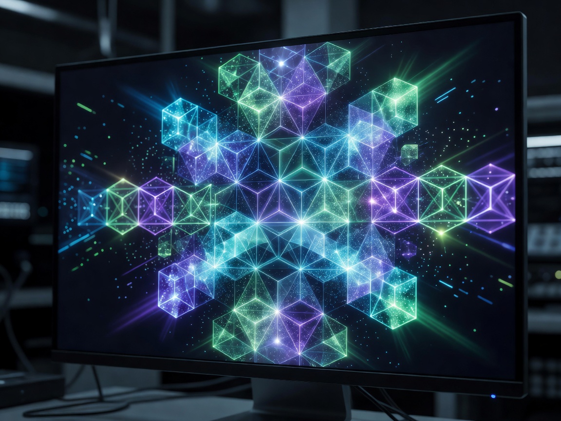 Advanced geometric code matrix glowing on screen.