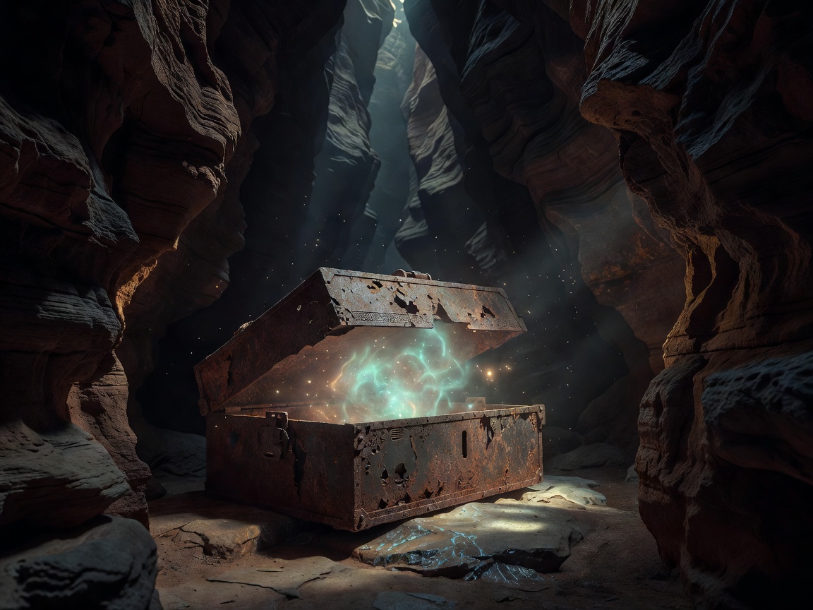 Glowing ambient light emitting from an ancient heavy iron lockbox inside a deep slot cavern.