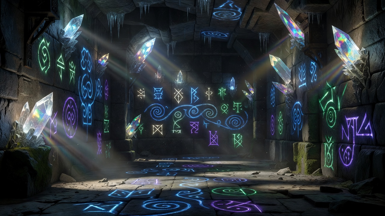Glowing runic patterns and magical crystal symbols deep inside a dark fantasy castle vault.