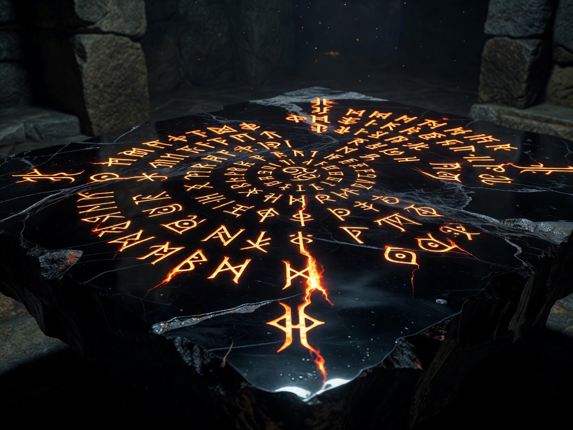 Glowing runic symbols etched on heavy obsidian table.