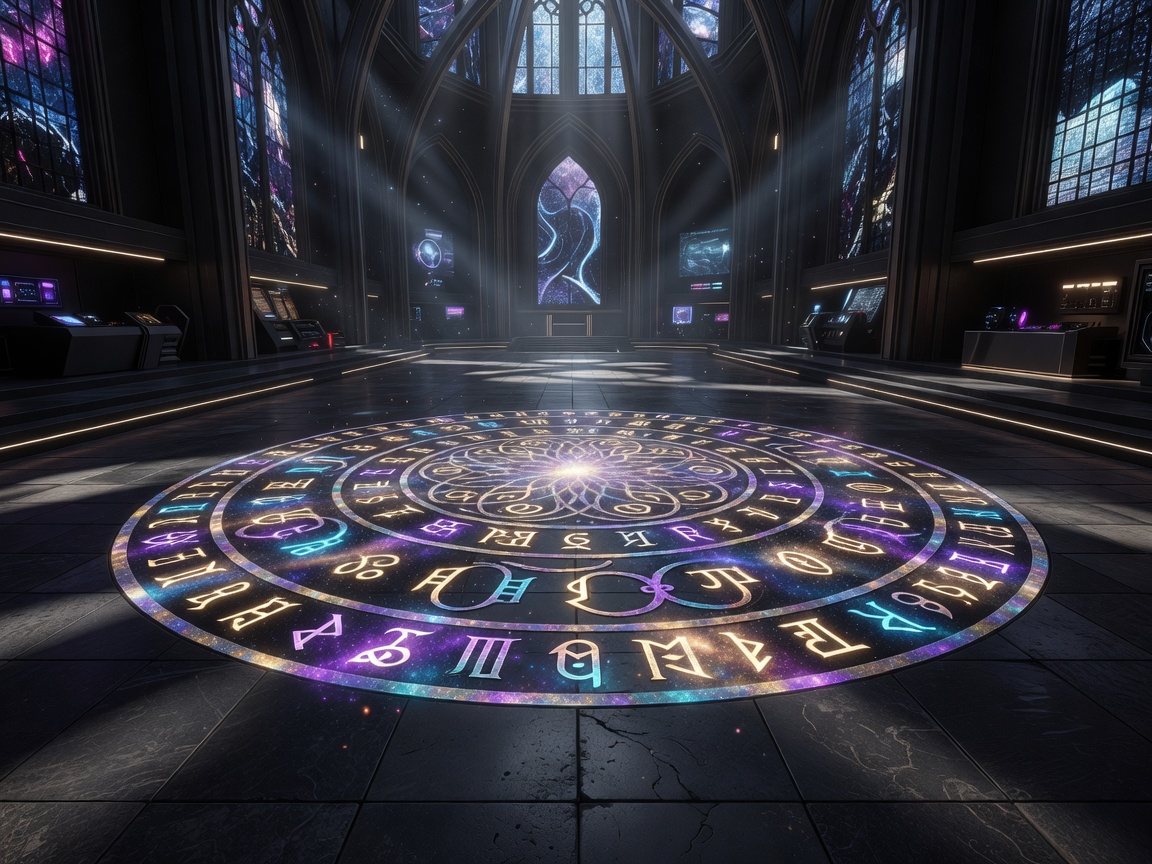 Intricate glowing cosmic runic circle etched on dark flagstone path inside a high-end gaming cathedral.