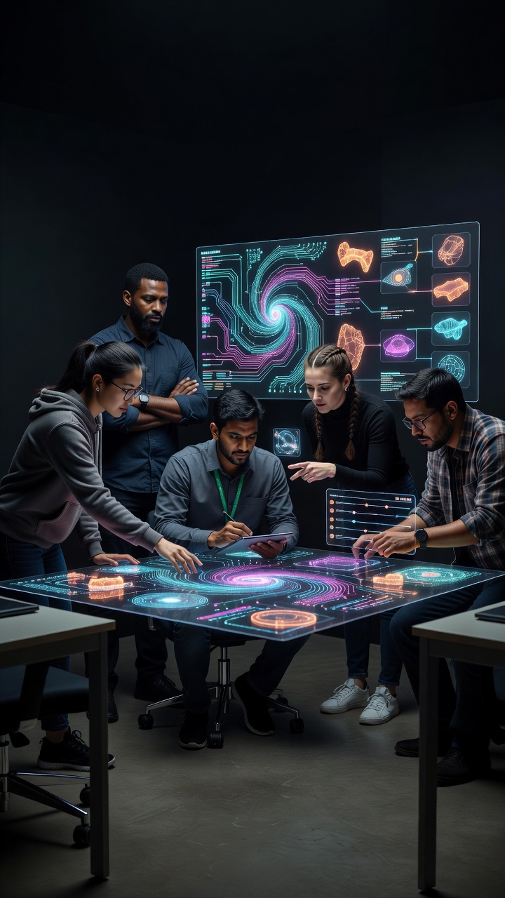 Team of technical artists collaborating on glowing interface concepts in a dark room.